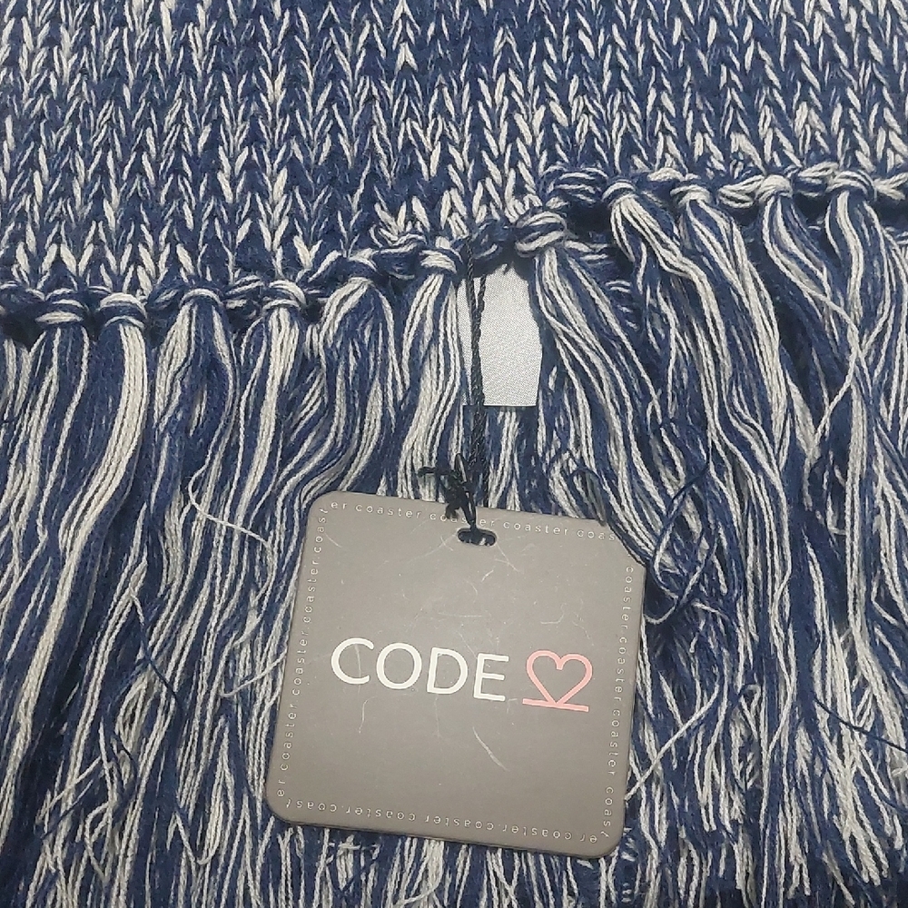 Blue and White Fringed Knit Scarf